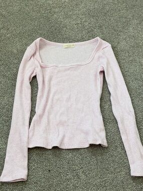 Soft Light Pink Ribbed Square-Neck Long Sleeve Top